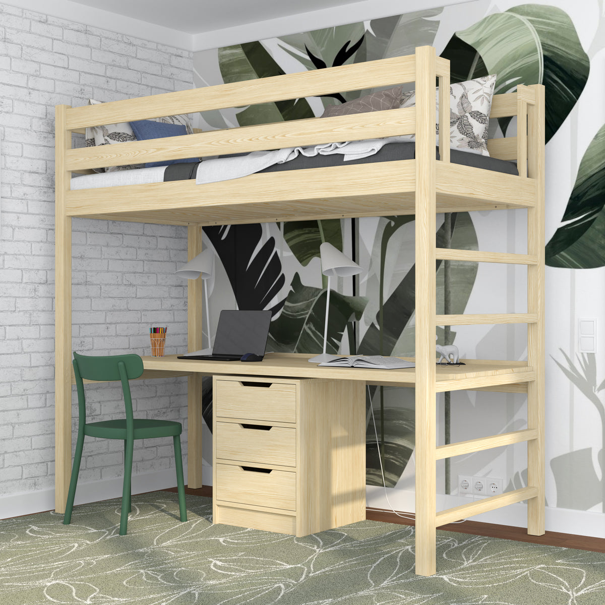 Clear Pine Wooden Loft Bed with Desk – Ladder and Safety Rail