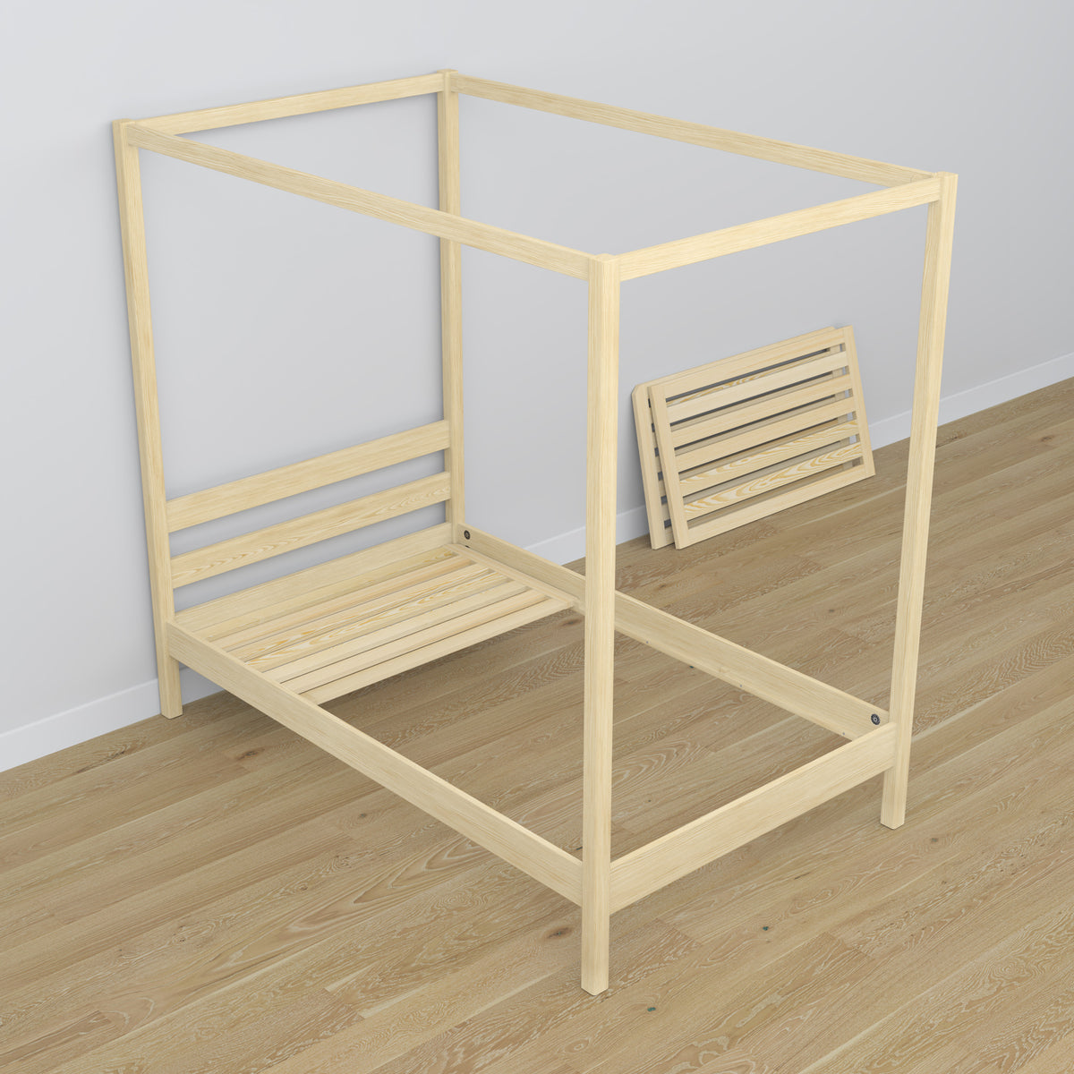 Bed transparant grenen met hemel in kinderkamer – scandi inrichting