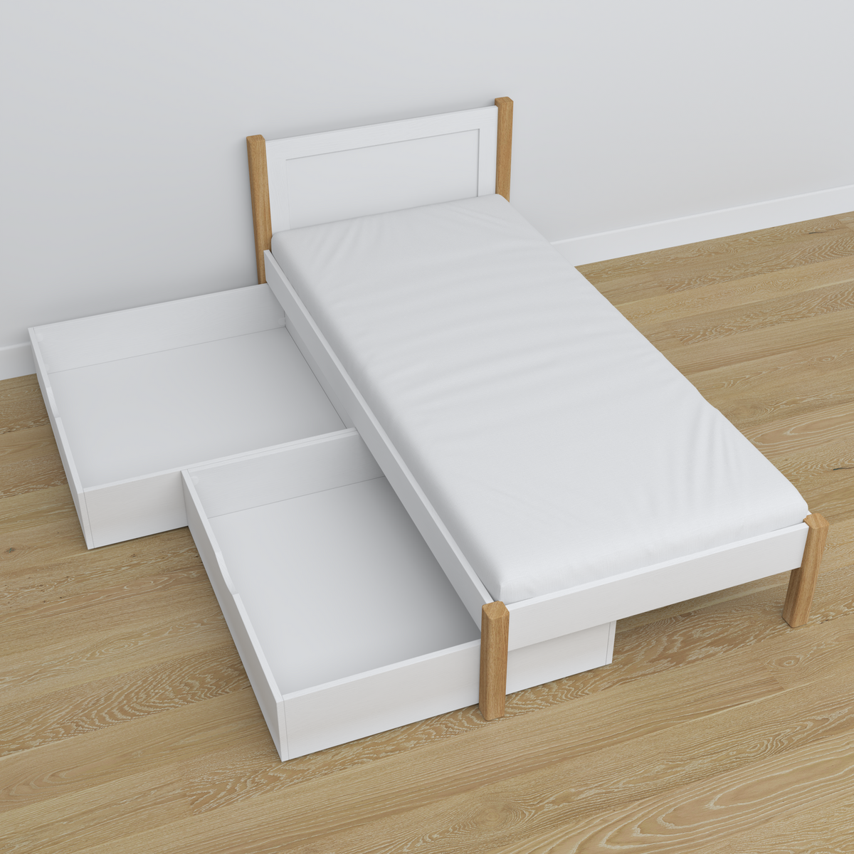 Bed white/oak with drawer wooden – angled view