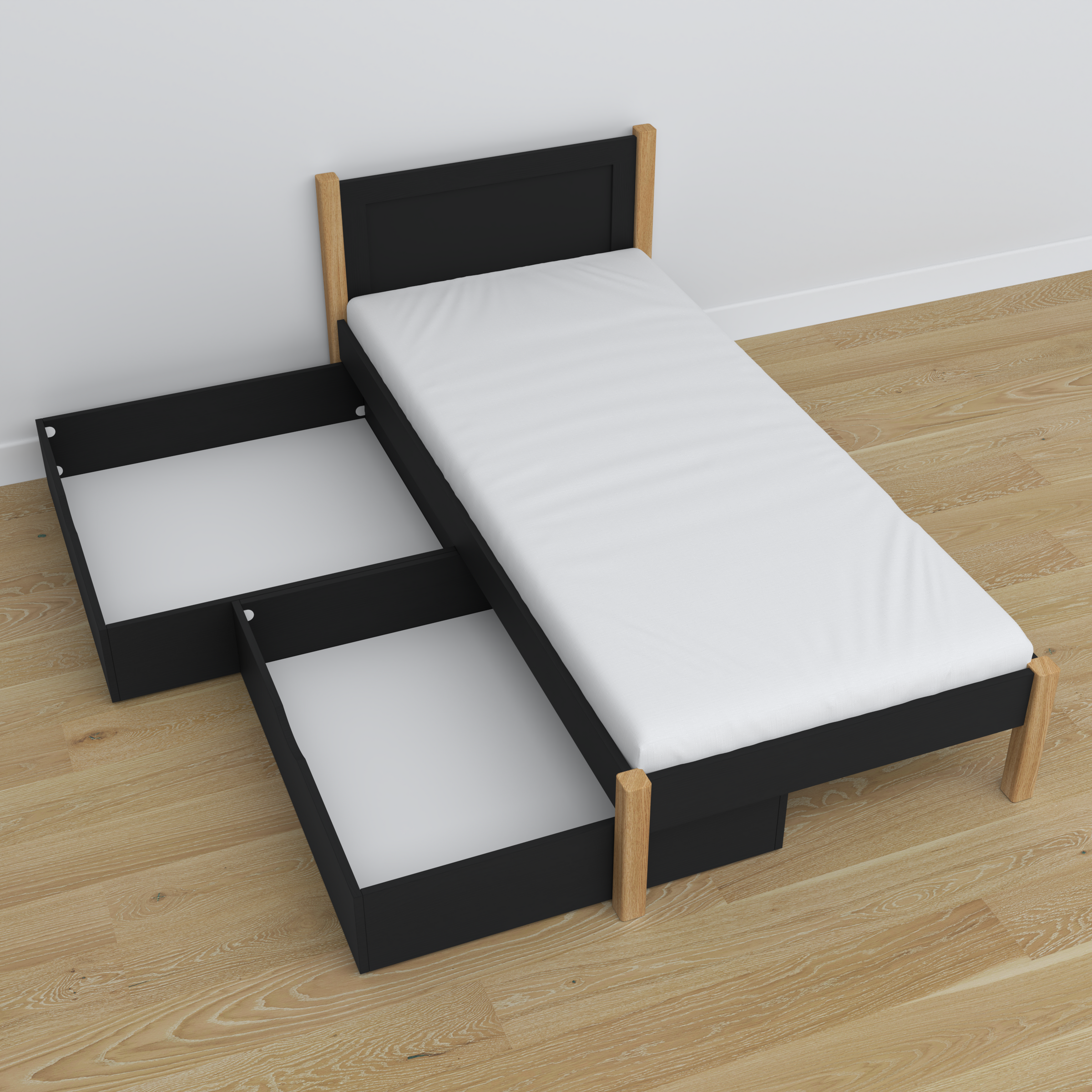 Black and Oak Wooden Bed with Drawer – Angled View