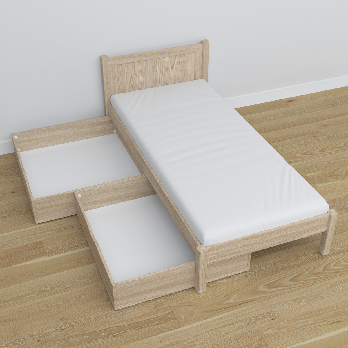 Bed gewit eiken met lade van eiken – schuin aanzicht