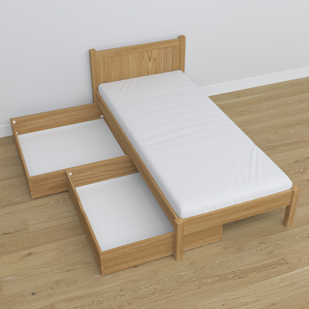 Bed naturel eiken met lade van eiken – schuin aanzicht