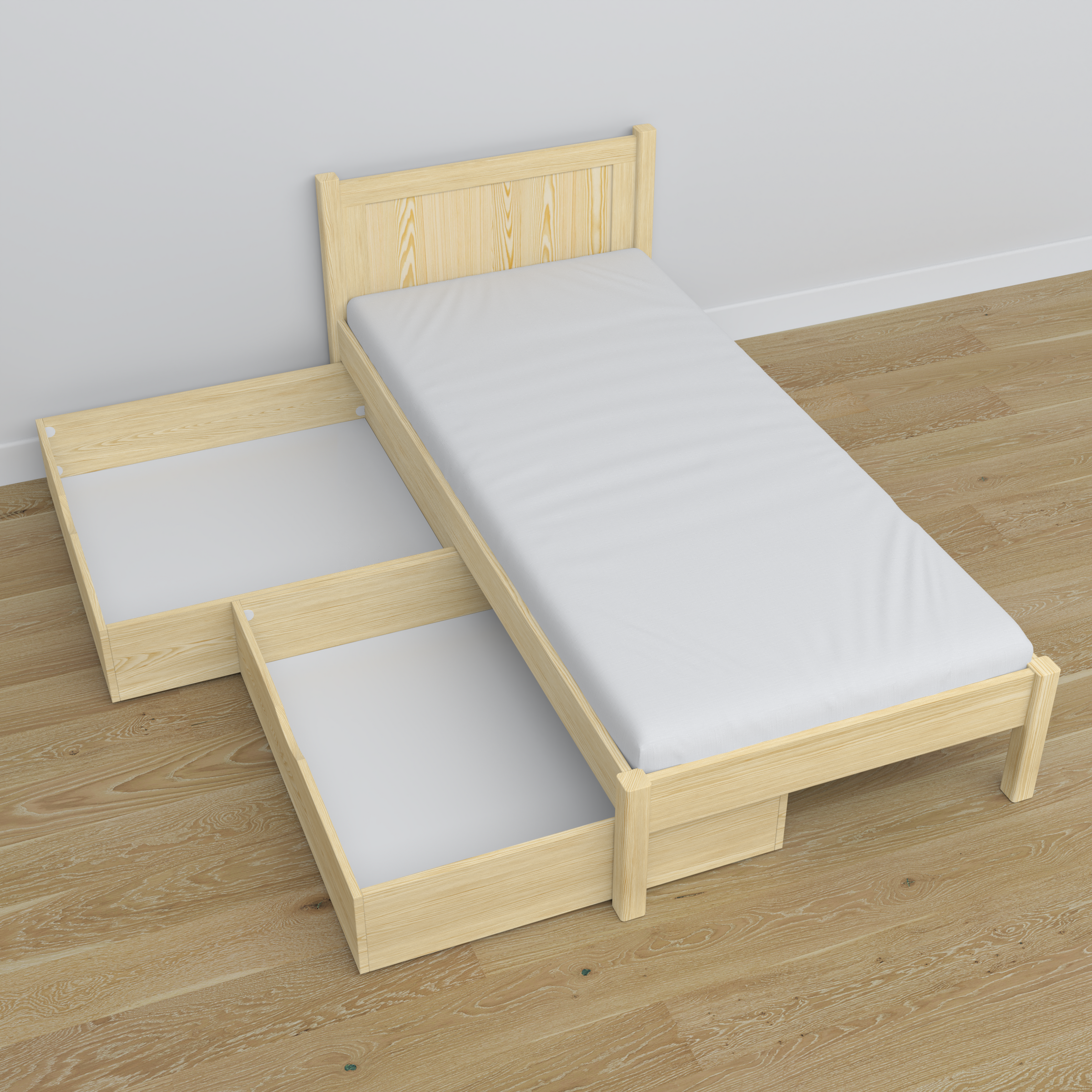 Lit pin incolore z tiroir en bois – vue en biais