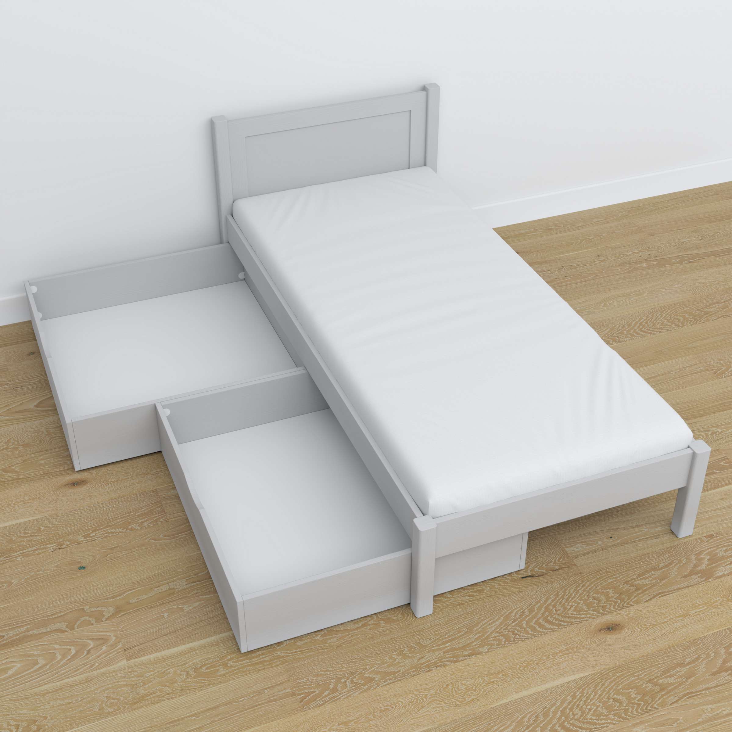 Bed grijs met lade van hout – schuin aanzicht