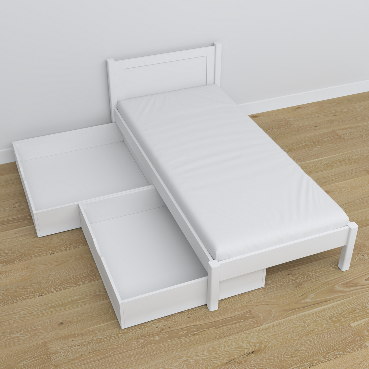 Bed wit met lade van hout – schuine aanzicht