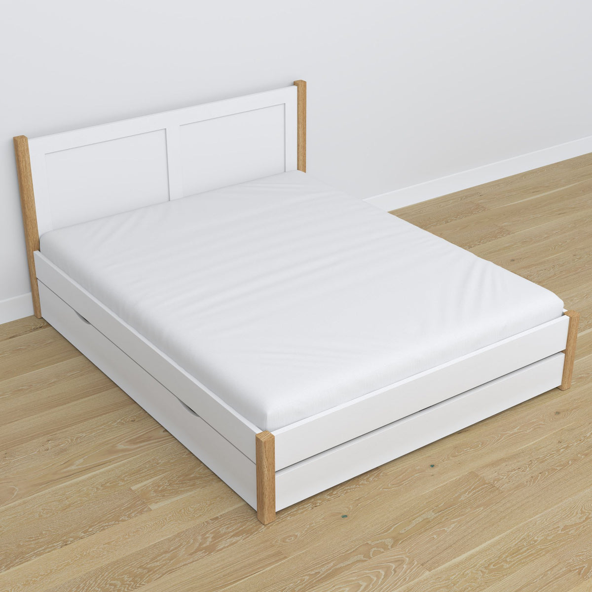 Tweepersoonsbed met lade houten wit met eiken – capaciteit en functionaliteit