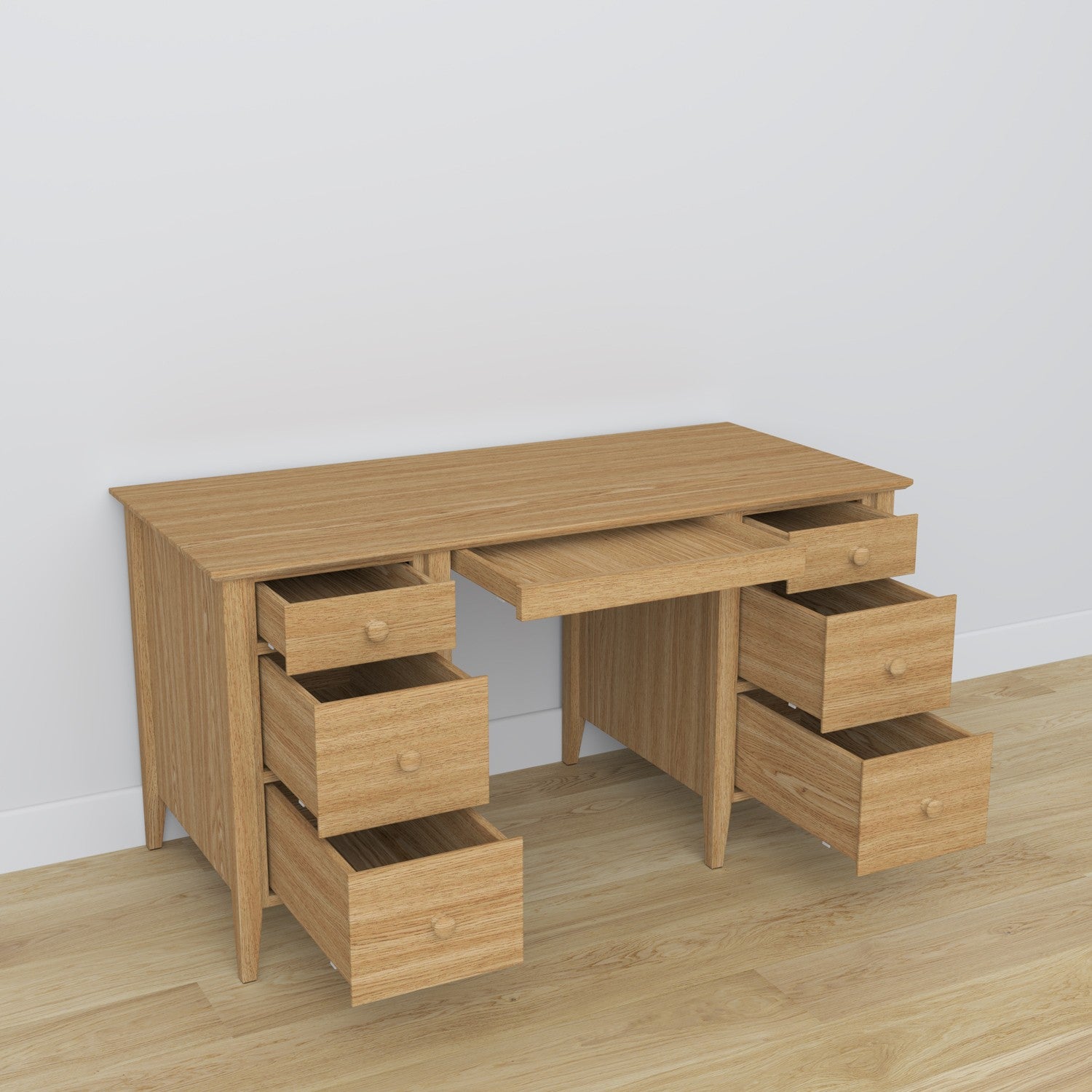 Bureau 6S en chêne chêne naturel – tiroirs ouverts, rangements pour documents
