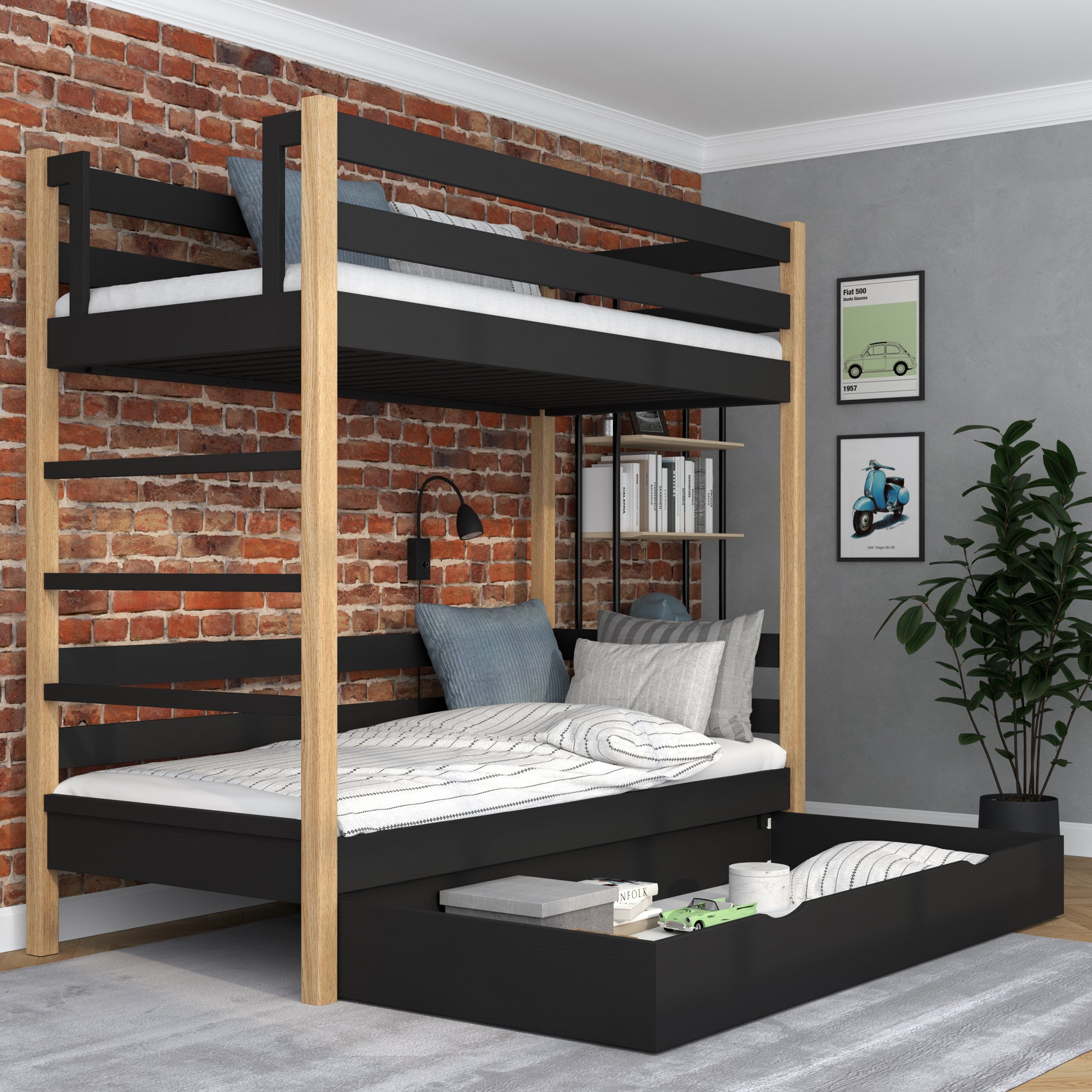 Stapelbed houten zwart-eiken – lade open, ruime opbergruimte onder het bed