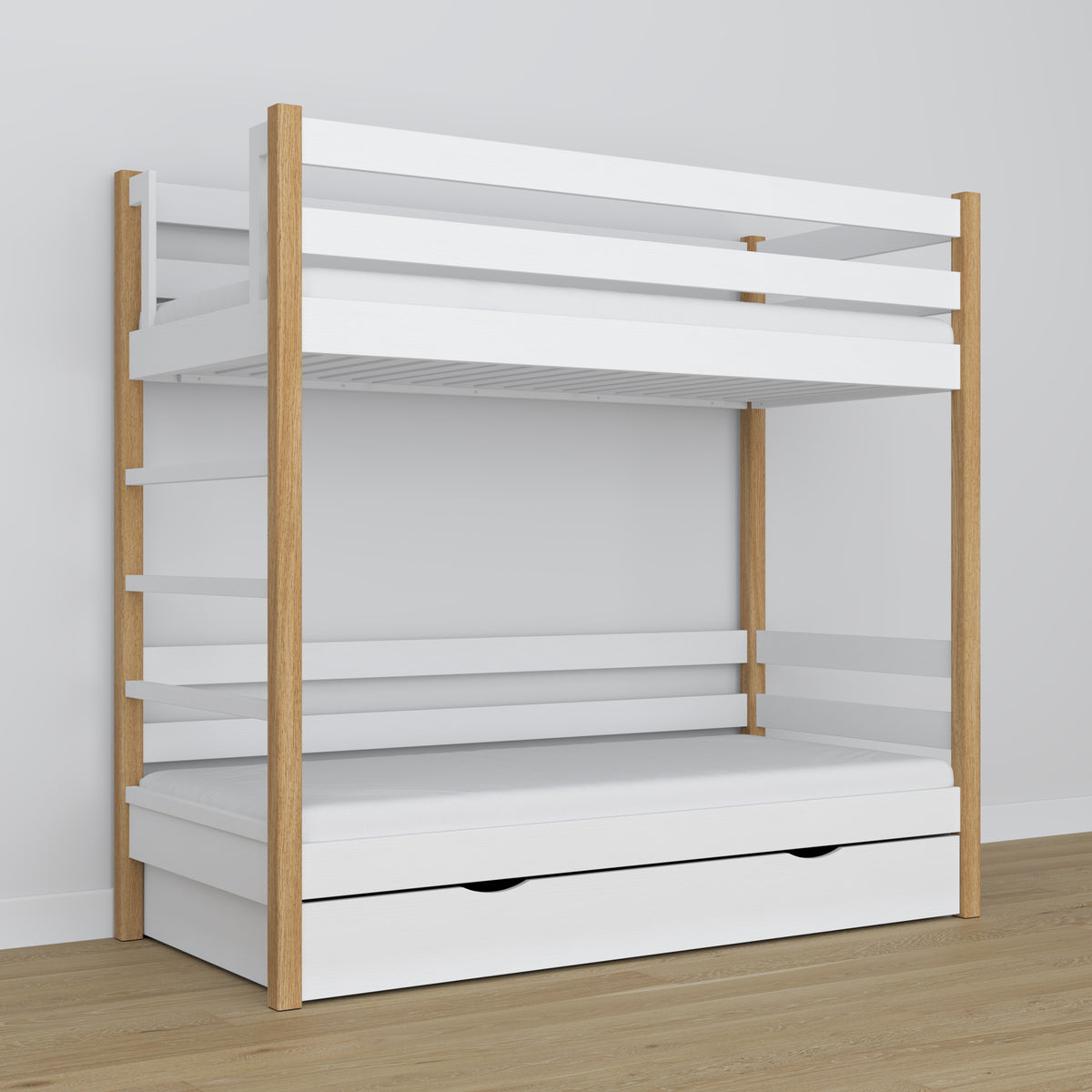 Stapelbed wit-eiken – houten frame met lattenbodem, zijaanzicht