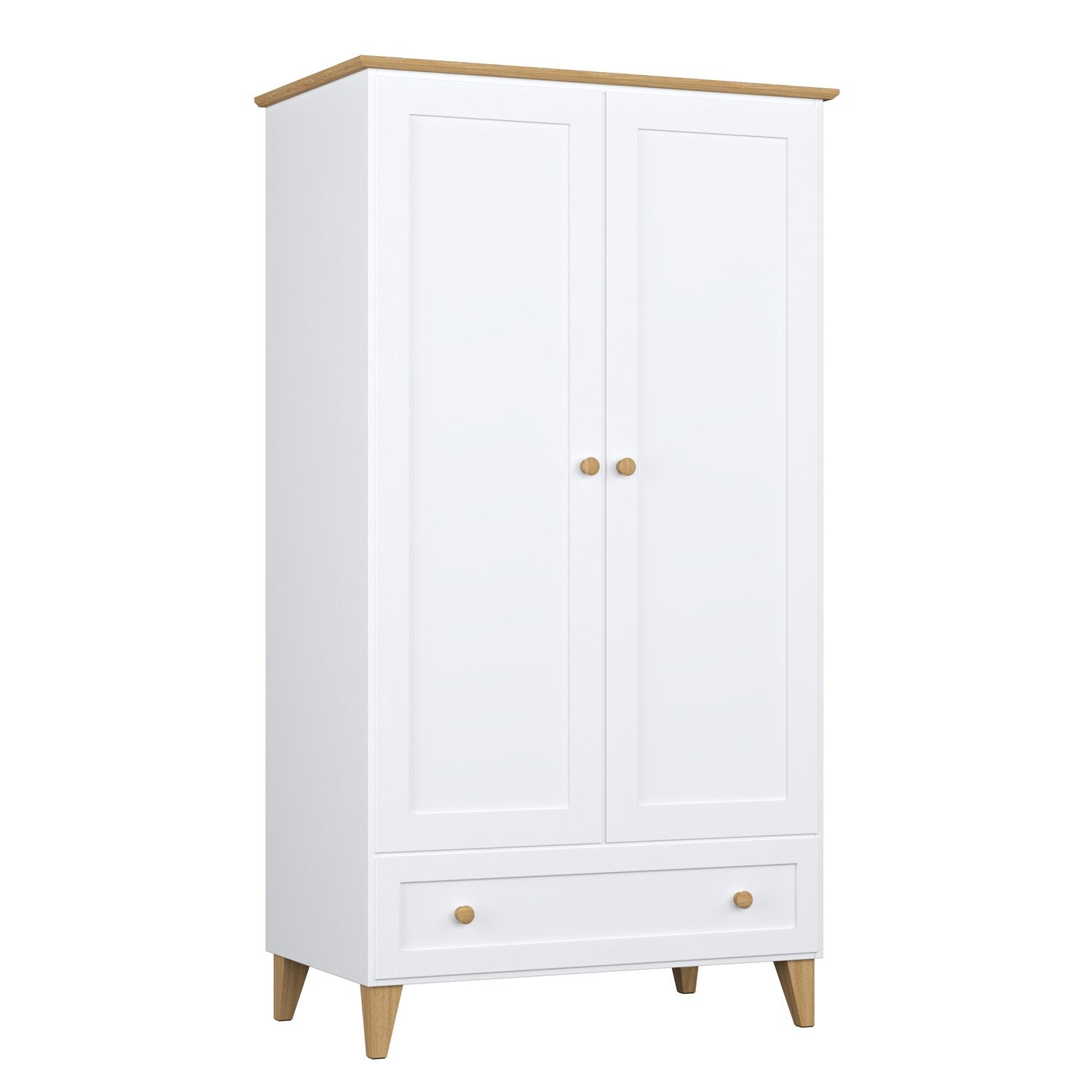 Wardrobe 2D1S wooden white with oak – open doors, hanging rail and internal shelves