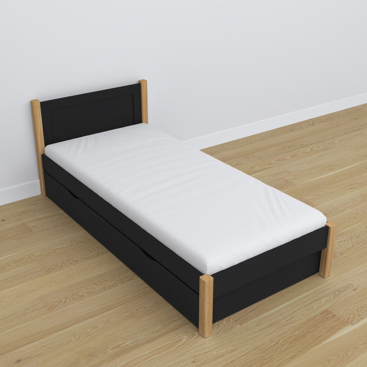 Wooden bed with drawer black-oak – dimensions and diagram, Nizio Home