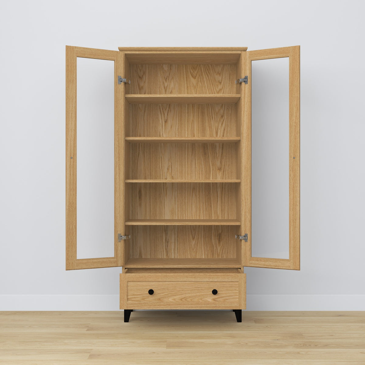 Vitrinekast 1S eiken naturel eiken met zwart – deuren open, planken en lade binnenin