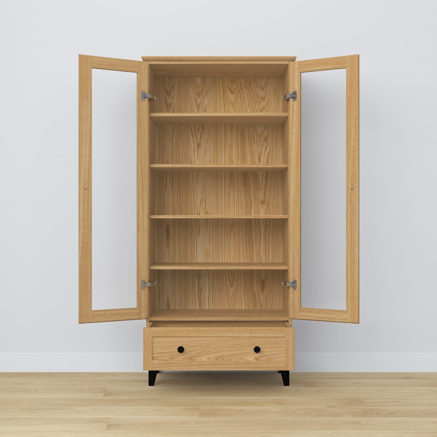 Vitrinekast 1S eiken naturel eiken met zwart – deuren open, planken en lade binnenin