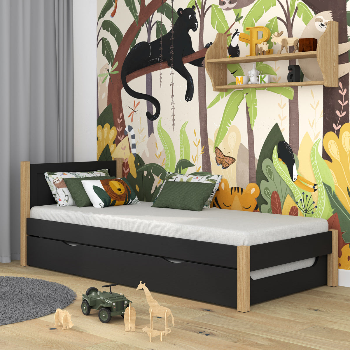 Bed zwart-eiken met lade voor extra matras – houten, voor kinderen Nizio