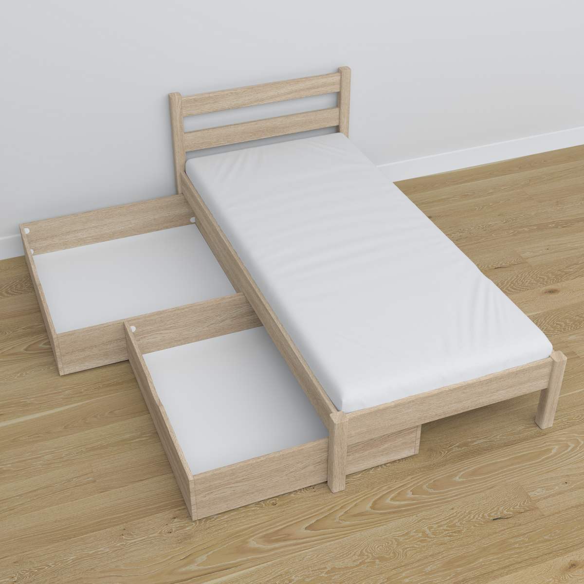 Bed gewit eiken met lade van eiken – schuin aanzicht