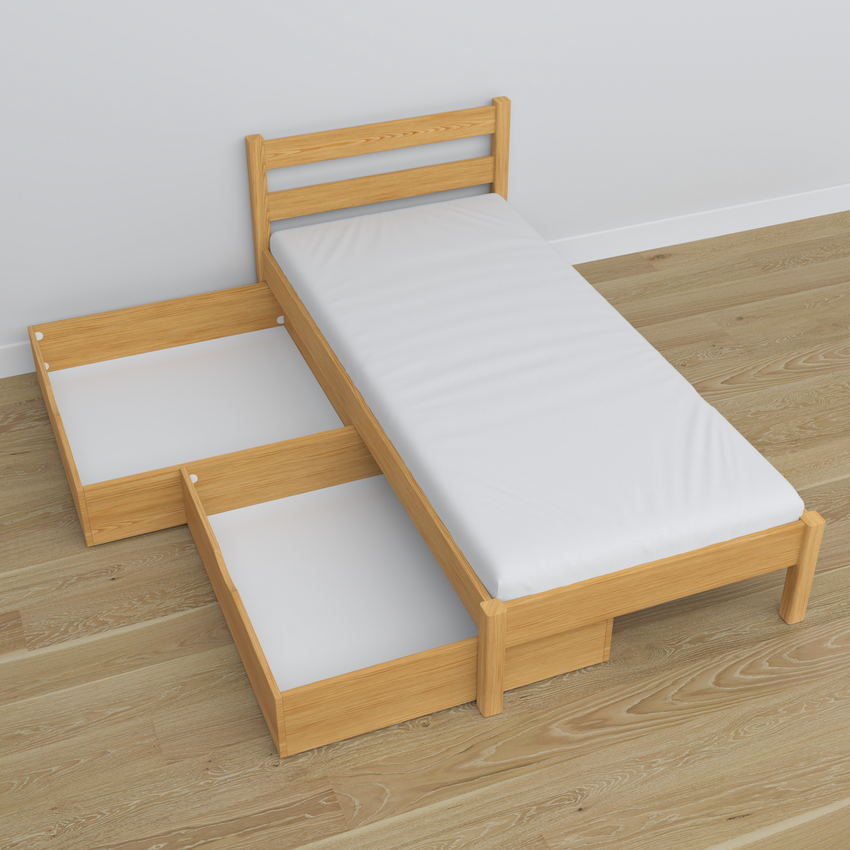 Lit pin naturel z tiroir en bois – vue en biais