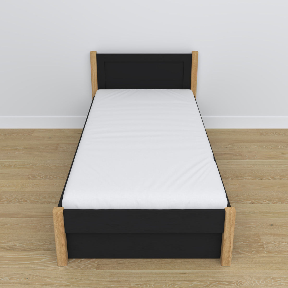 Black and Oak Bed with Drawer – Wooden Runners and Details, Nizio