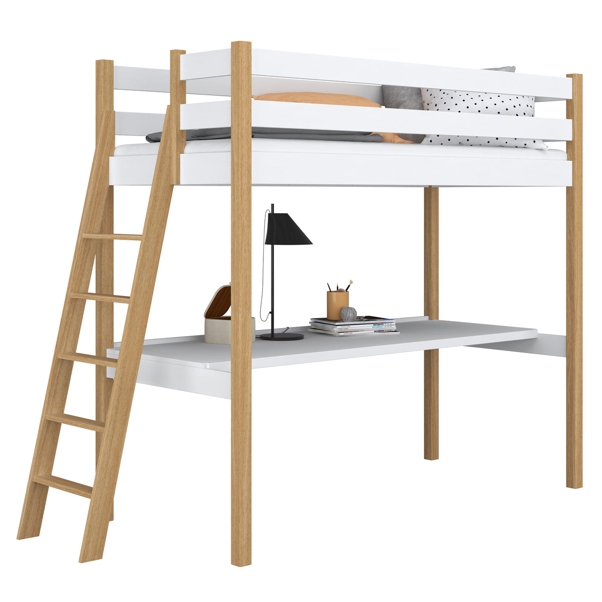 Hoogslaper met bureau van hout wit-eiken – kinderkamer, scandi Nizio