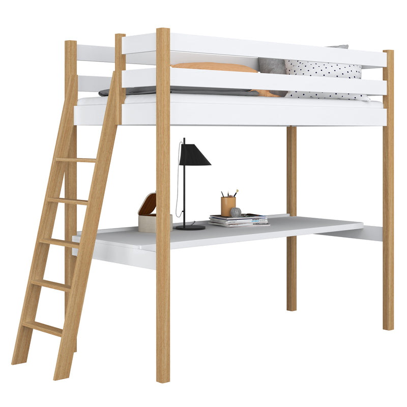 Hoogslaper met bureau van hout wit-eiken – kinderkamer, scandi Nizio