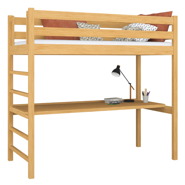 Lit mezzanine pin naturel avec bureau – espace d'apprentissage sous la chambre, en bois