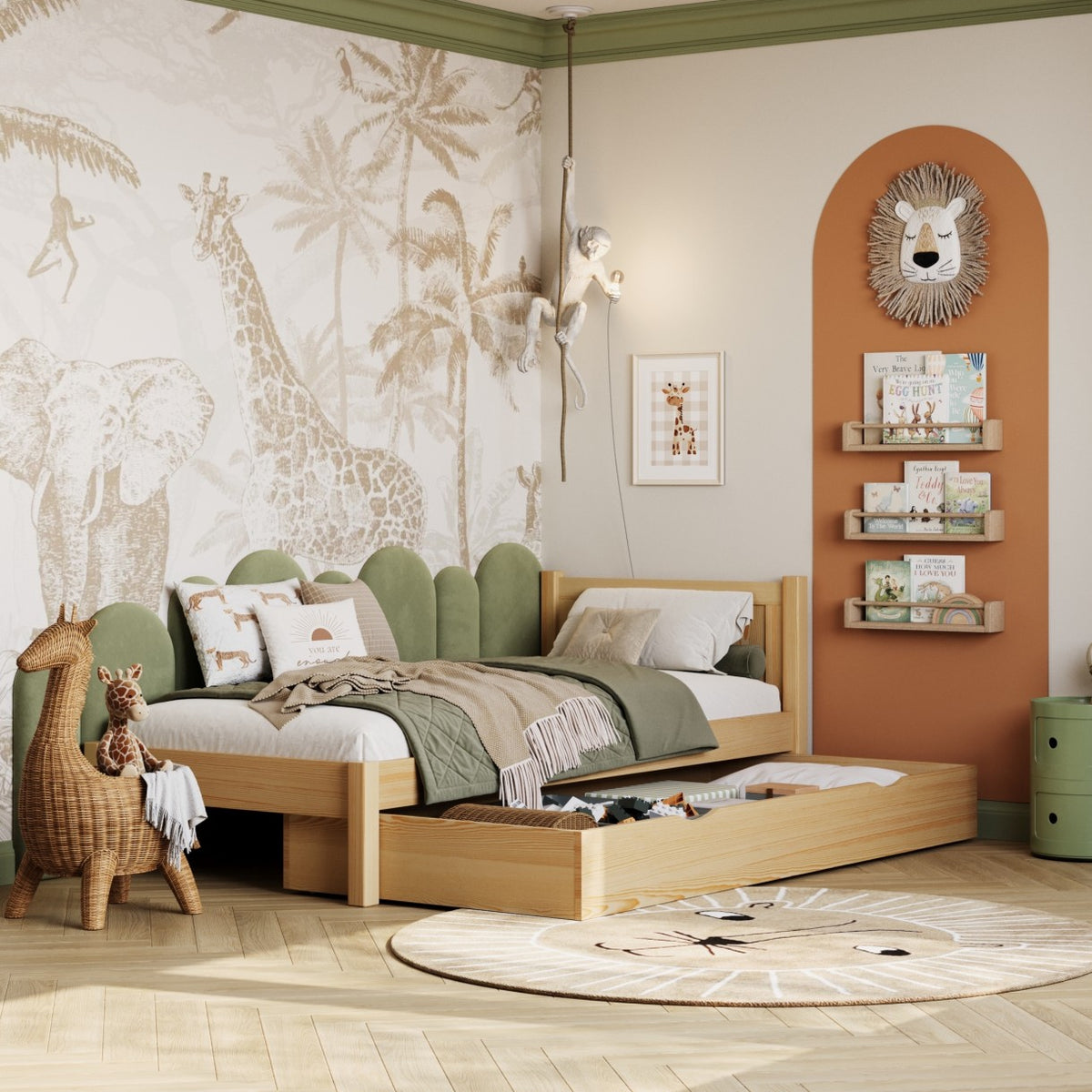 Natural pine bed with drawer – spacious storage, wooden, for children, Nizio