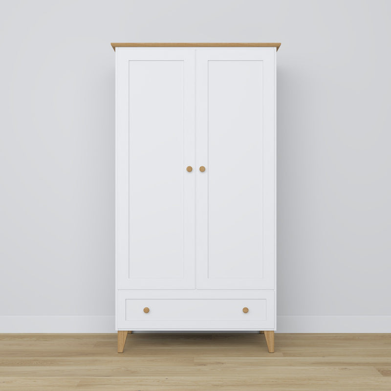2-door wardrobe with drawer wooden white with oak – bedroom, Scandinavian style