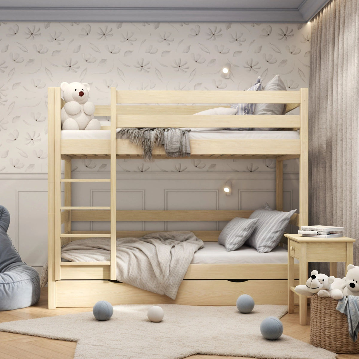 Stapelbed transparant grenen met lade – houten bedhekken en ladder, Nizio