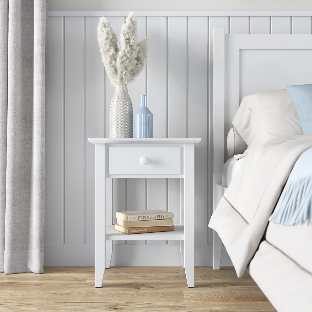 Nachtkastje N01 wit van hout – zijaanzicht, Nizio Home