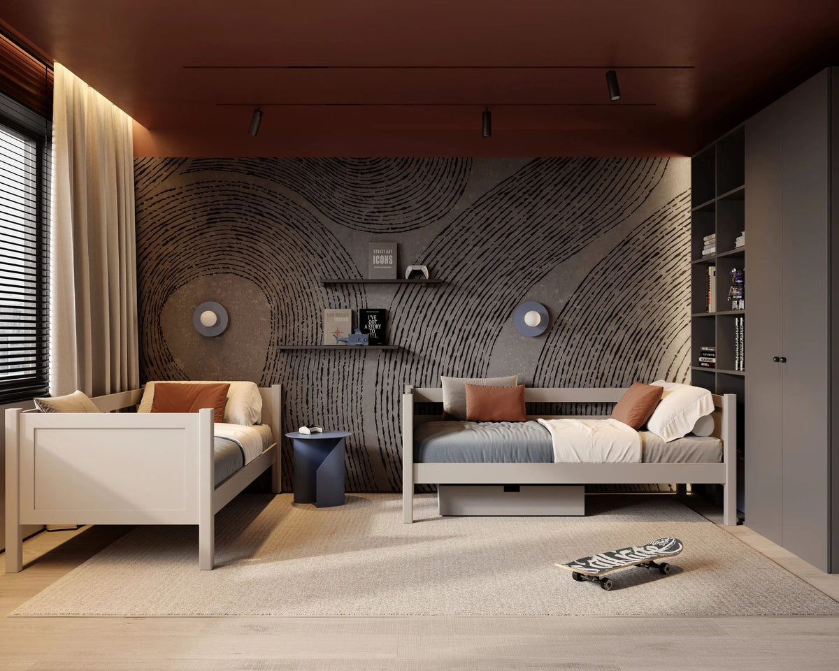 Stapelbed grijs in kinderkamer – scandi inrichting, houten