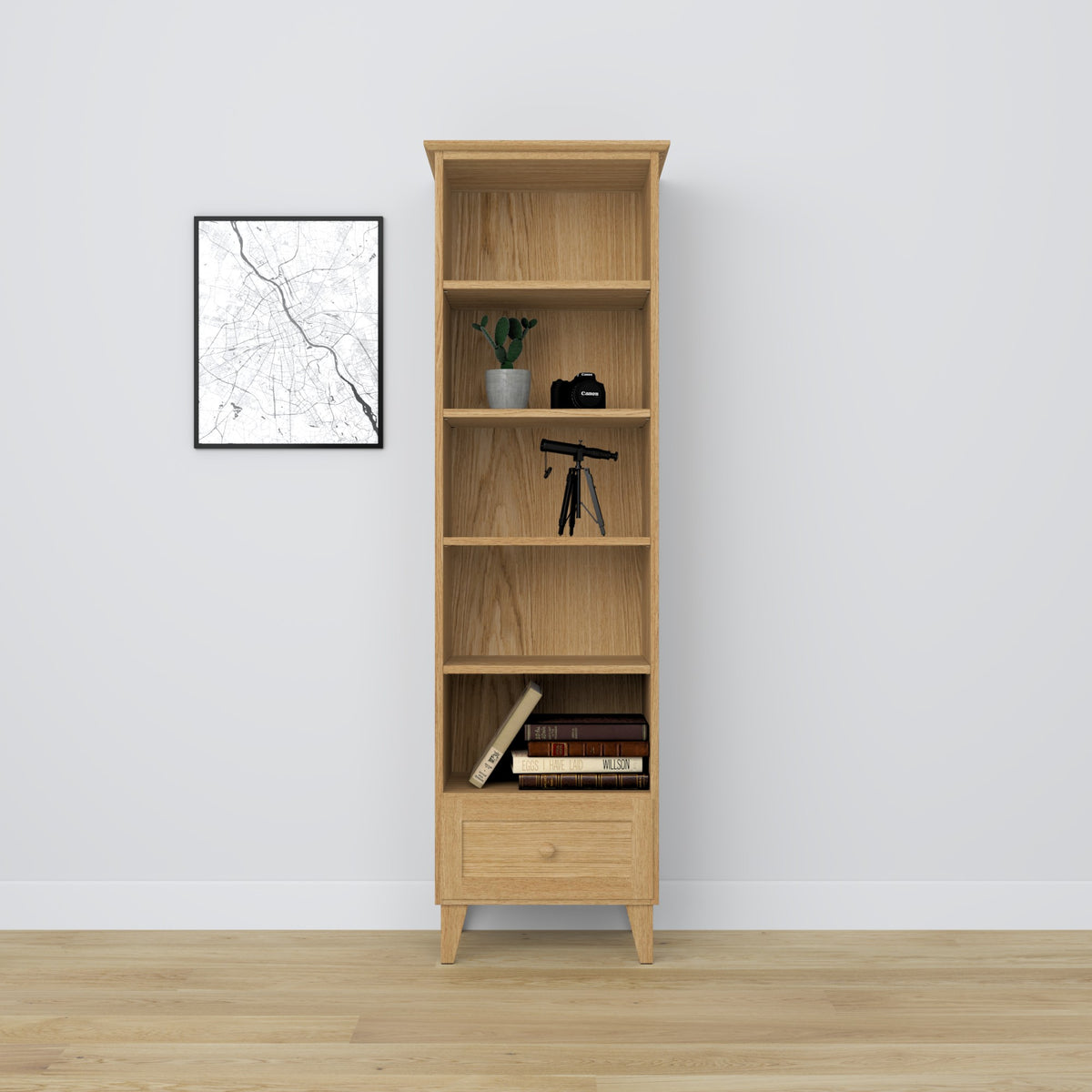Étagère z tiroir en chêne chêne naturel 57 cm – salon i bureau, style scandinave