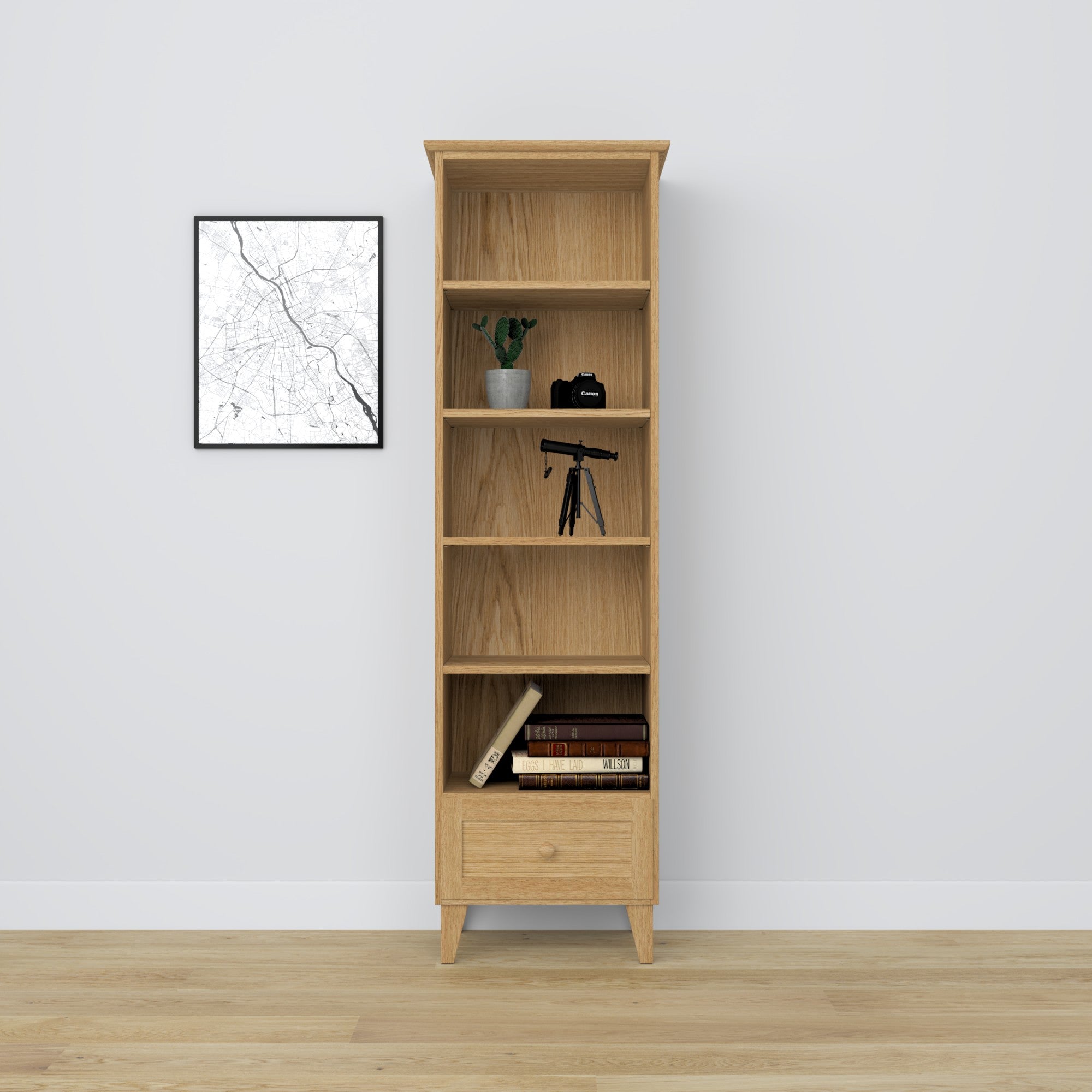 Étagère z tiroir en chêne chêne naturel 57 cm – salon i bureau, style scandinave