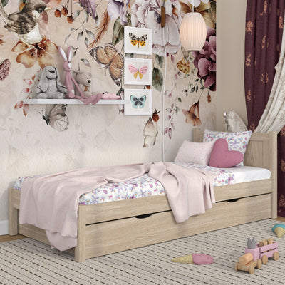 Lit simple avec tiroir en chêne chêne blanchi – chambre d'enfant, style scandinave