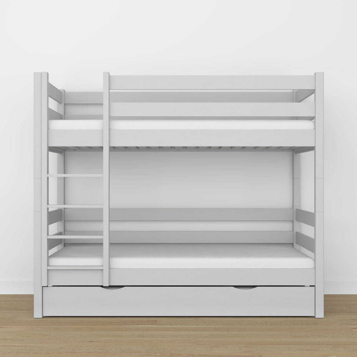 Stapelbed houten grijs – binnenkant matraslade, kinderkamer