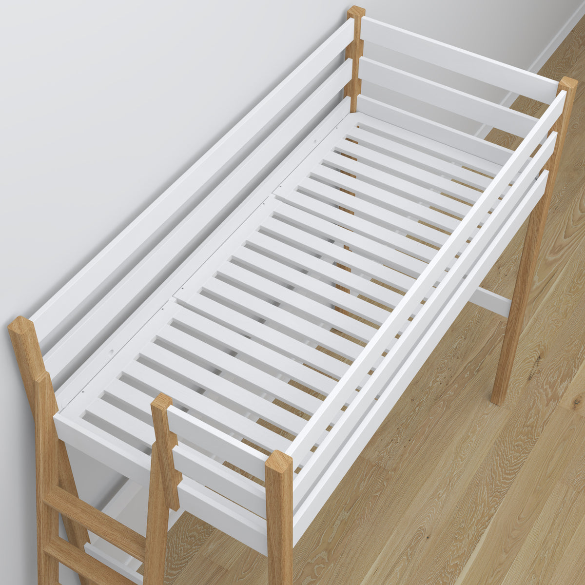 Hoogslaper wit-eiken – houten bureau onder slaapgedeelte, kinderkamer scandi