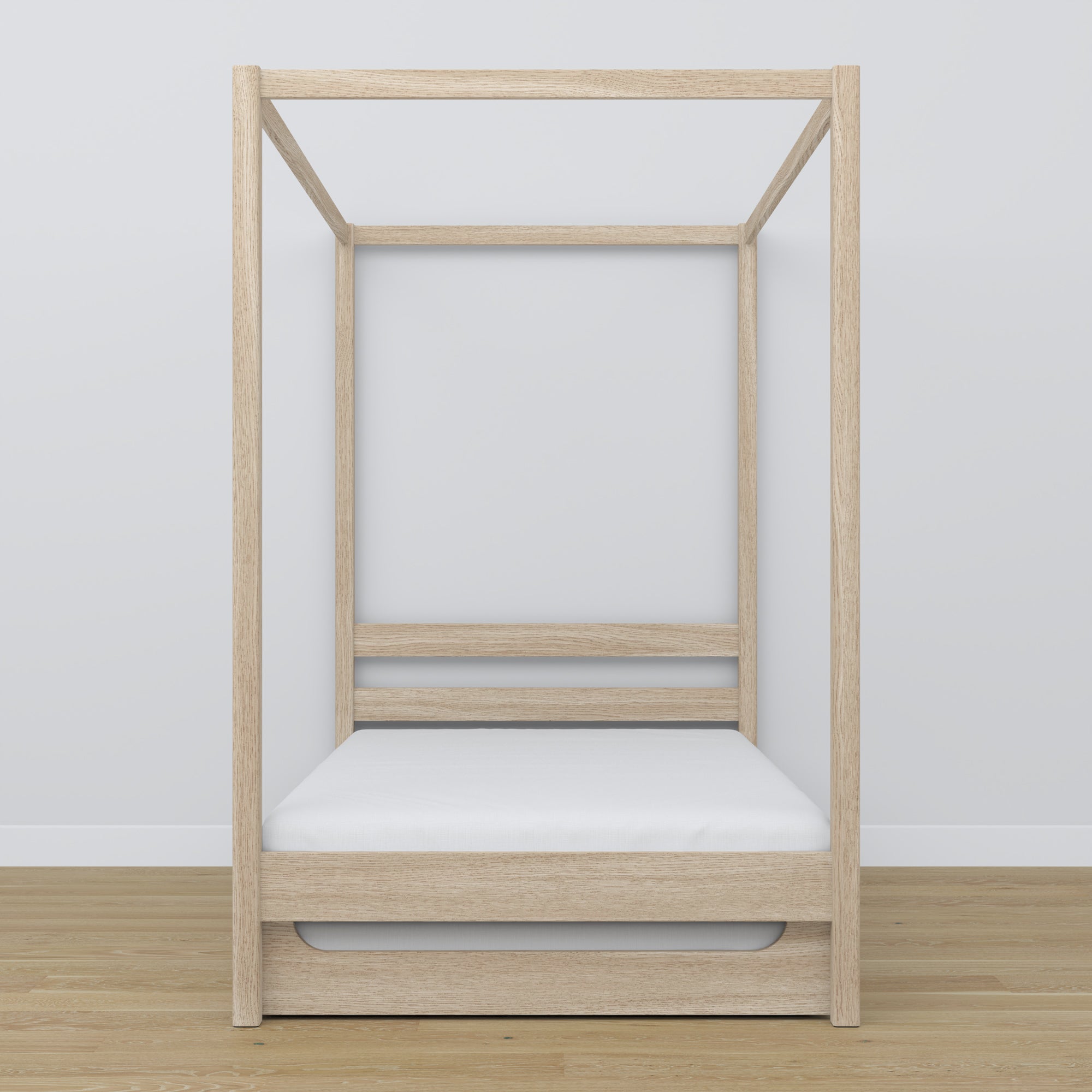 Bed gewit eiken met hemelbed en lade – zijaanzicht, eikenhouten, Nizio