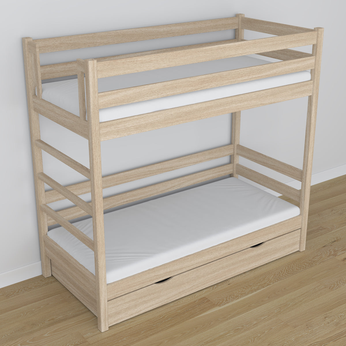 Stapelbed van eikenhout gewit eiken – details van verbindingen en ladder, kinderkamer