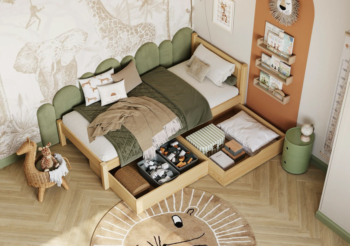 Wooden bed with drawer natural pine – headboard, close-up of wood quality