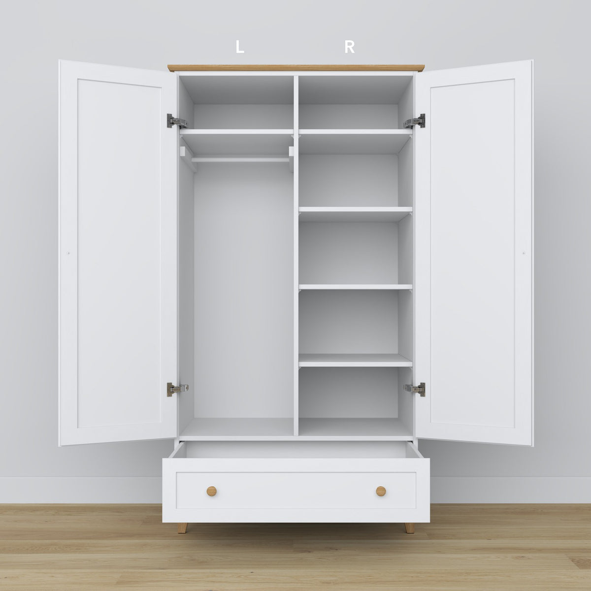 Wardrobe 2D1S white with oak – open drawer, spacious storage compartment, wooden