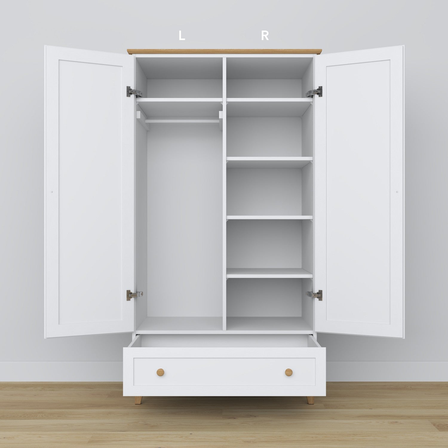 Wardrobe 2D1S white with oak – open drawer, spacious storage compartment, wooden