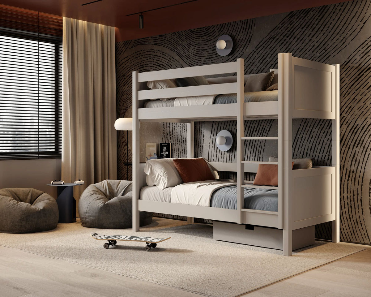 Houten stapelbed grijs – twee slaapplaatsen in één, veilige constructie