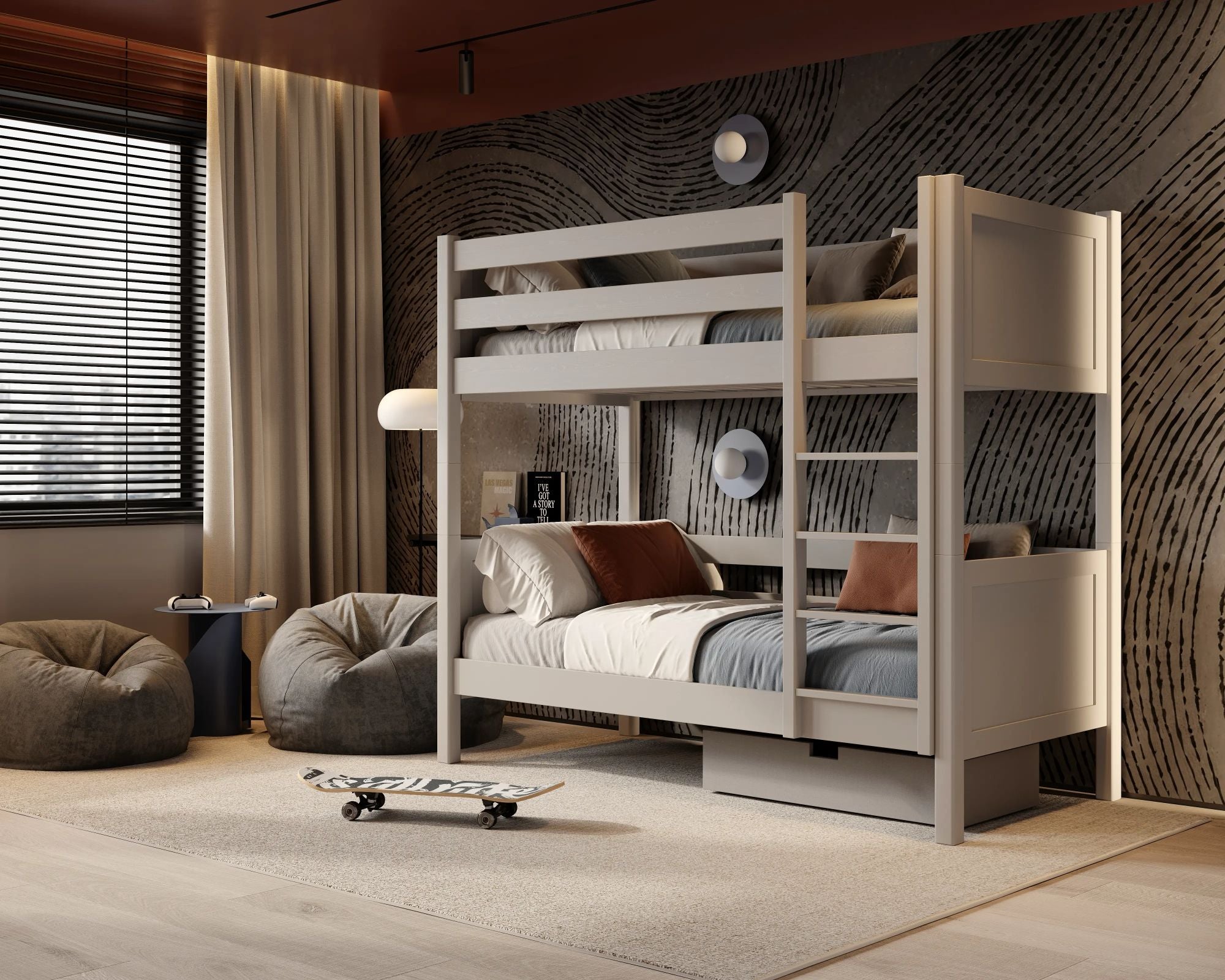 Houten stapelbed grijs – twee slaapplaatsen in één, veilige constructie