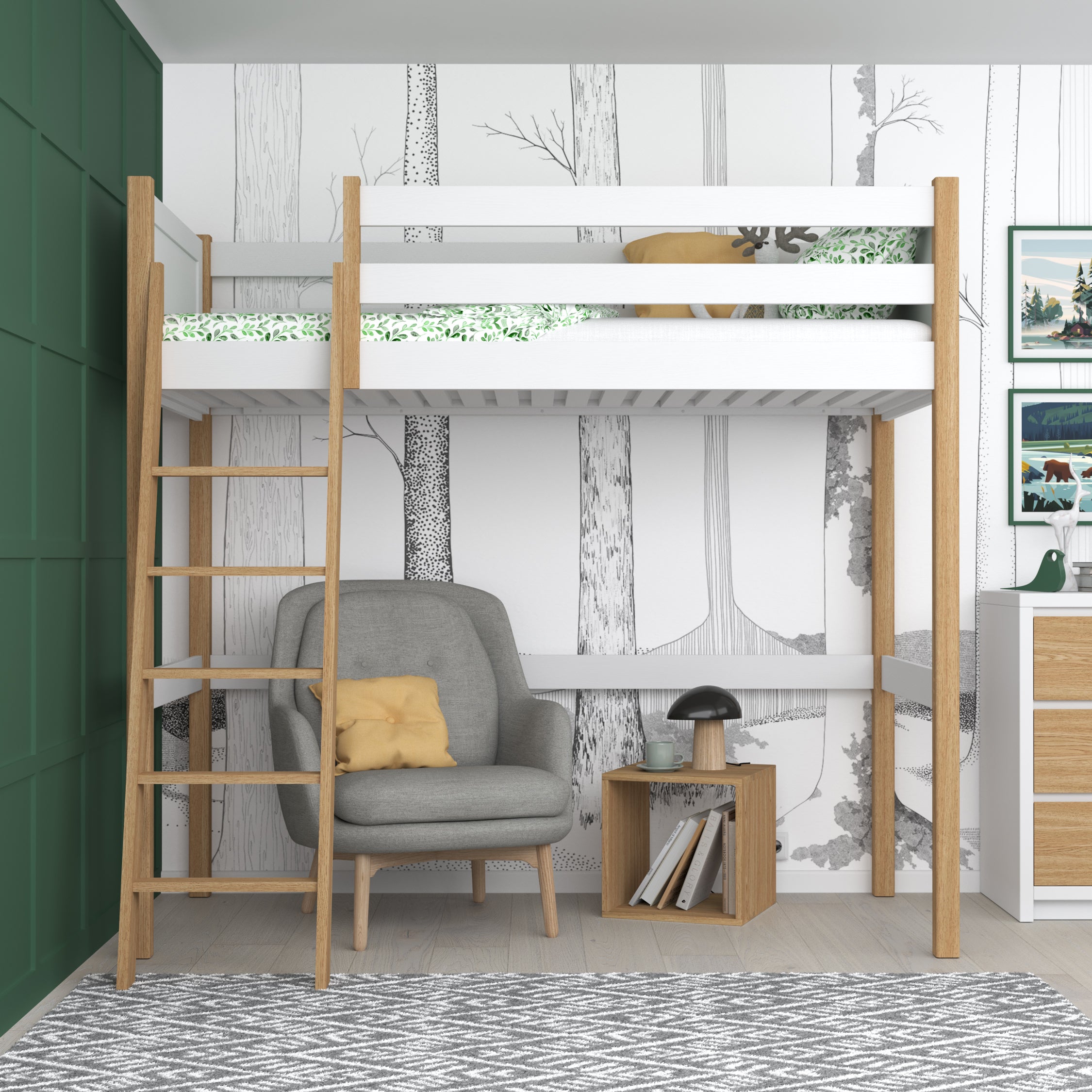 Hoogslaper wit-eiken – ladder en bedhek houten, Nizio Home