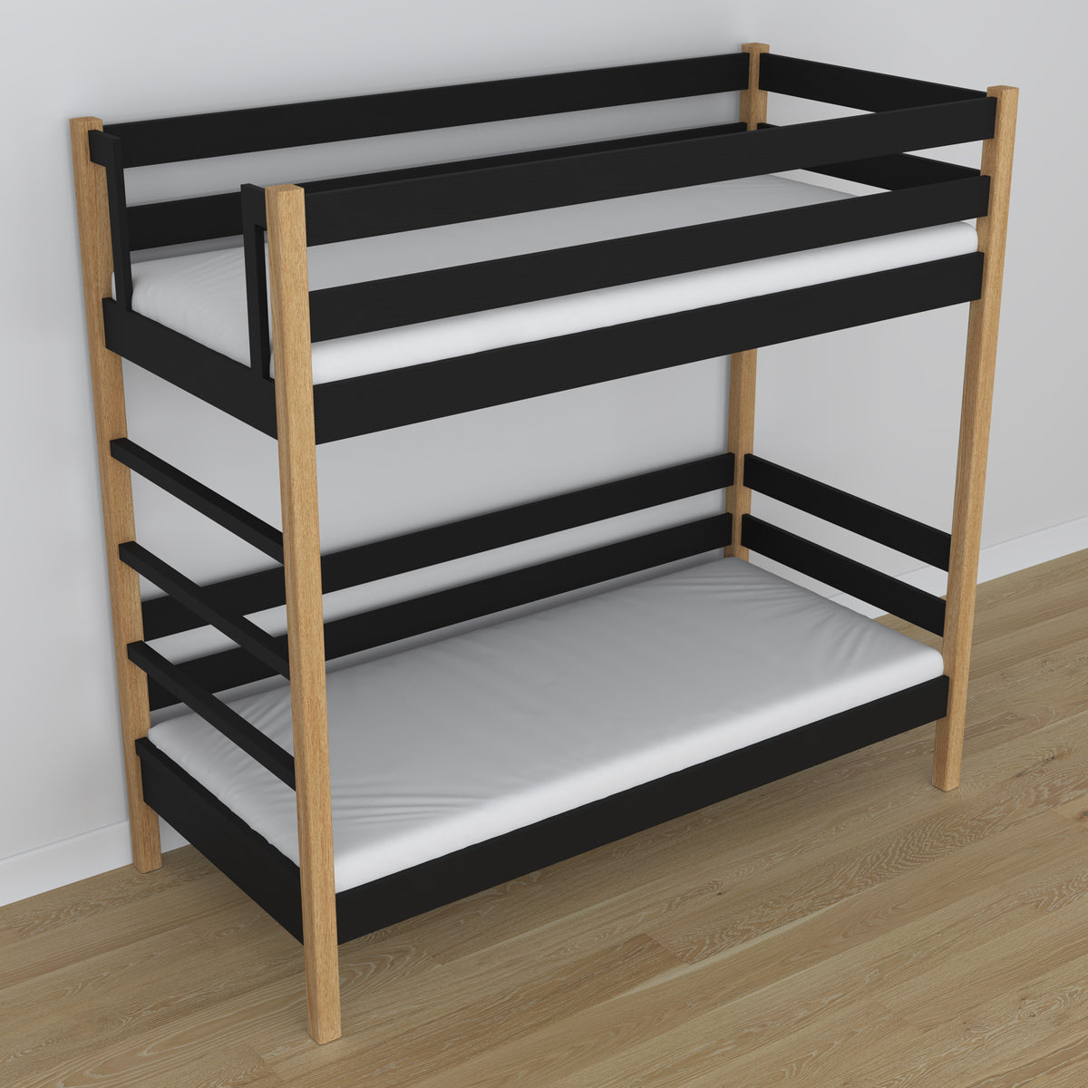 Stapelbed houten zwart-eiken – close-up van verbindingen en houtdetails