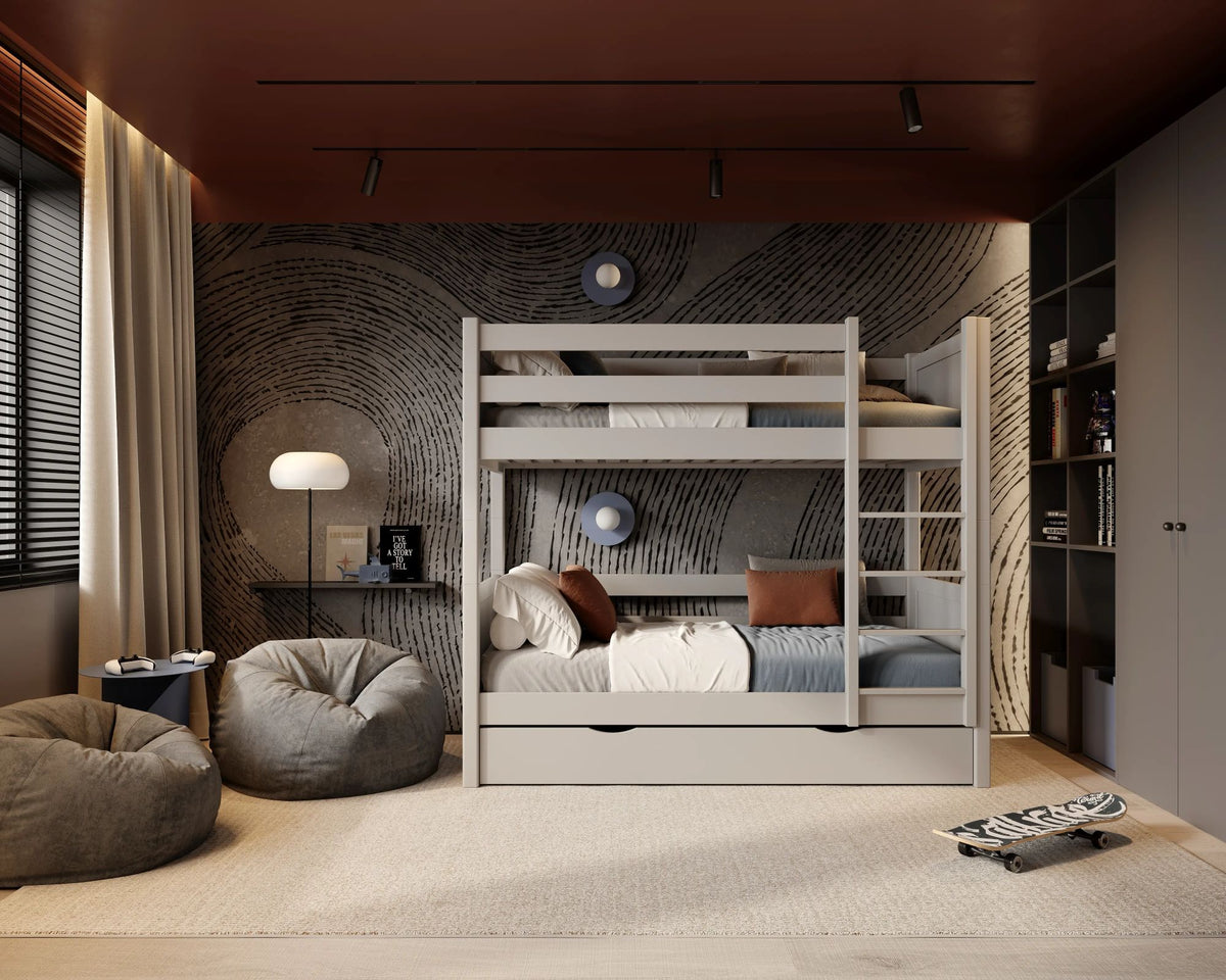 Stapelbed grijs voor kinderen – lade voor matras, houten, Nizio