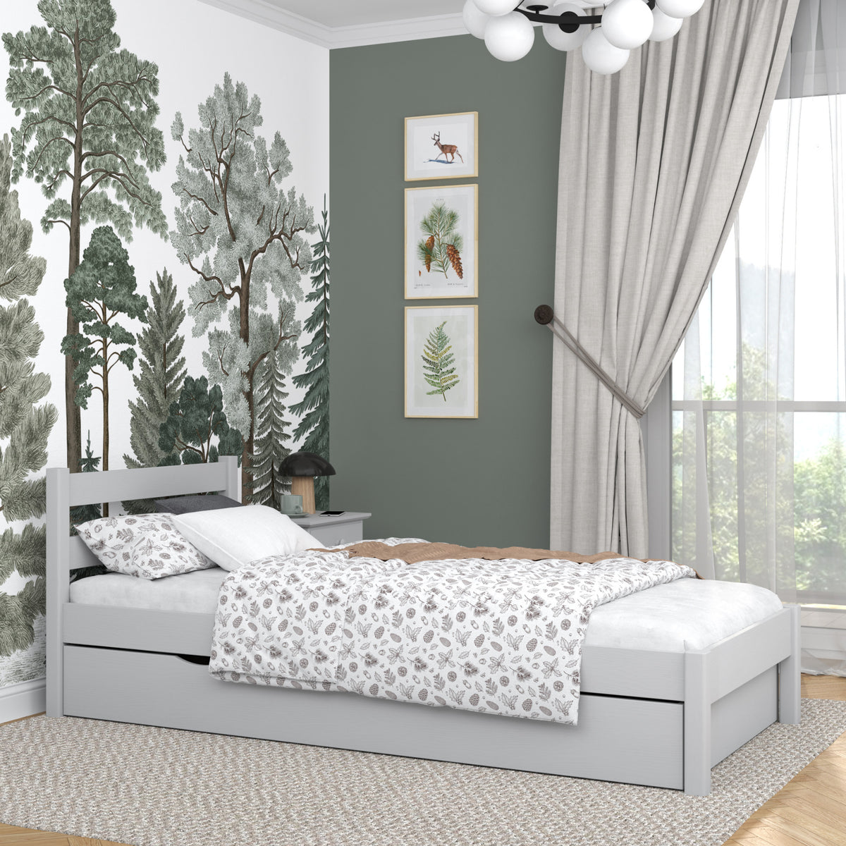 Lit avec tiroir en bois gris – tiroir ouvert, l'intérieur schowka