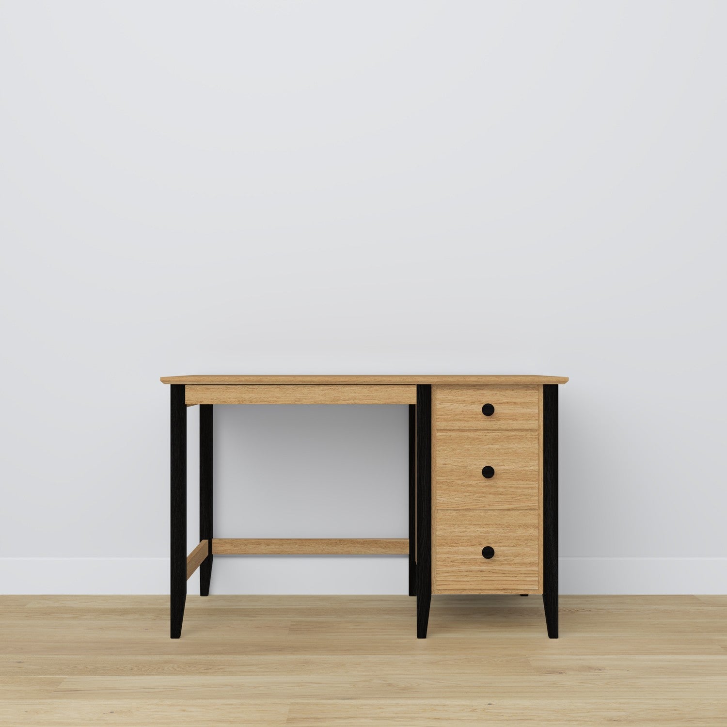 Desk 3S natural oak with black oak wood – side view, tabletop depth