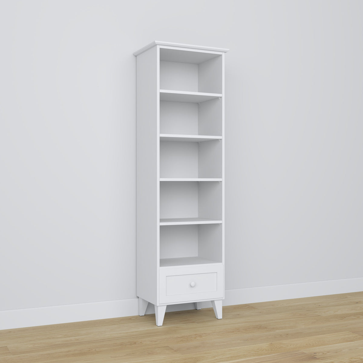Bookcase 1S 57 white – wooden, all shelves, front view, Nizio