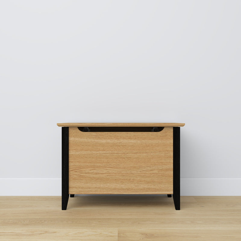 Coffre en chêne chêne naturel avec noir – rangement et siège, style scandinave Nizio