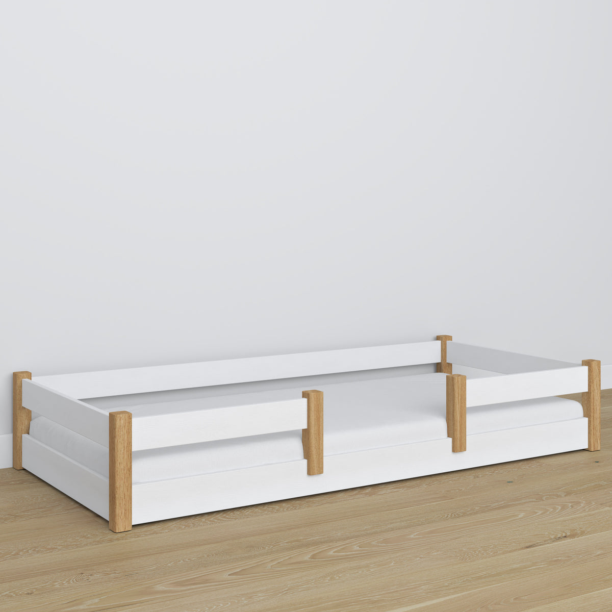 Laag bed wit-eiken van hout – afmetingen en schema, Nizio