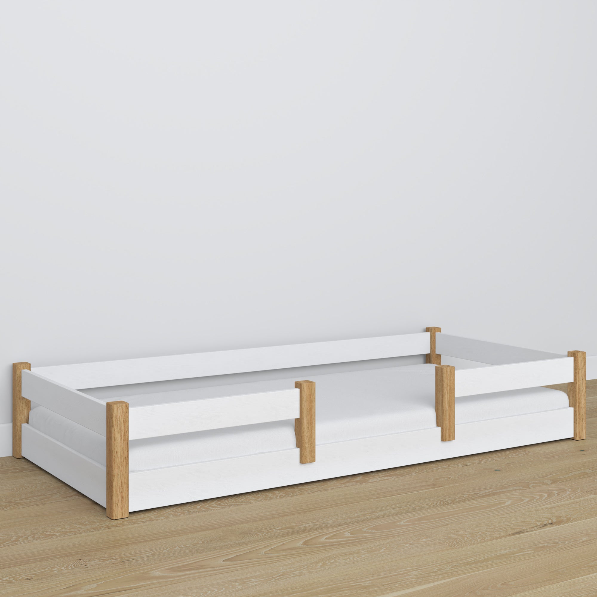 Laag bed wit-eiken van hout – afmetingen en schema, Nizio
